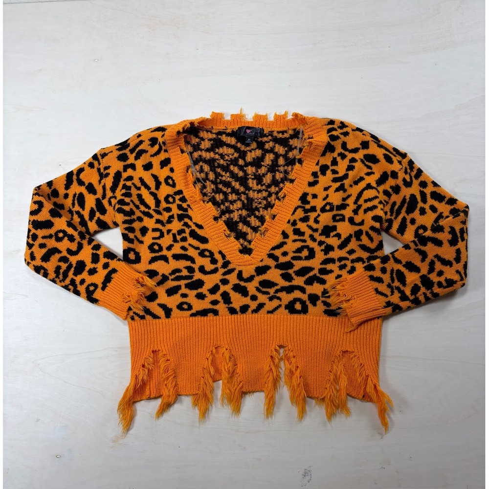 LU♥️ NYC Orange Black Leopard Print Distressed V-Neck Sweater Medium